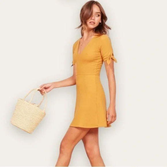 REFORMATION | Marigold Mustard Yellow | Sara Ribbed Retro Fit & Flare Dress XXS - Picture 2 of 4